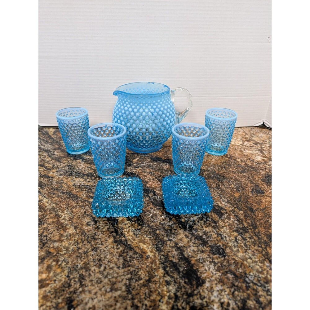 1940s Fenton USA Blue Opalescent Hobnail Glass Juice Tumbler Pitcher Set 7 Piece